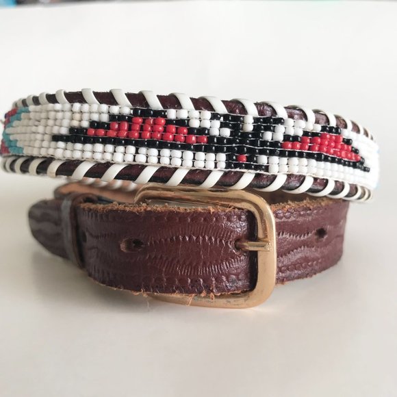 Vintage tooled leather southwestern seed beaded firebird red brown belt Thunderbird Seed Beaded Brown Leather Southwestern Belt Size  main image 2
